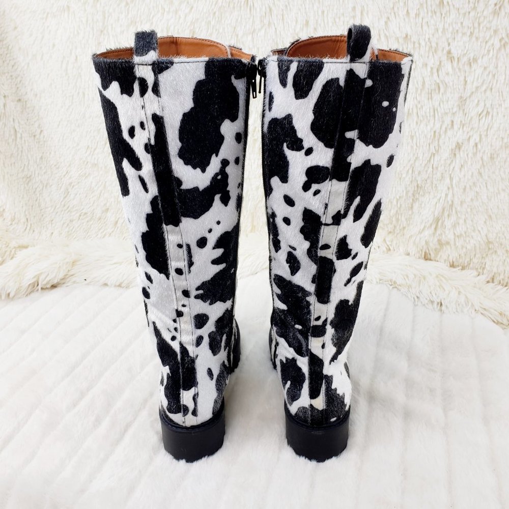 Savage Cow Combat Lace Up Knee Boots Faux Cow Print Brand New - Picture 10 of 17